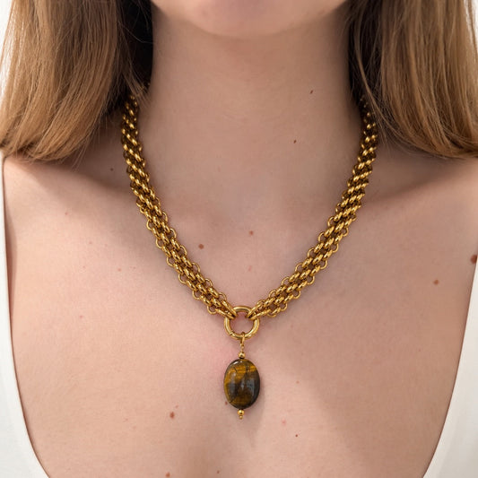 Collier maille épaisse doré avec pierre œil de tigre