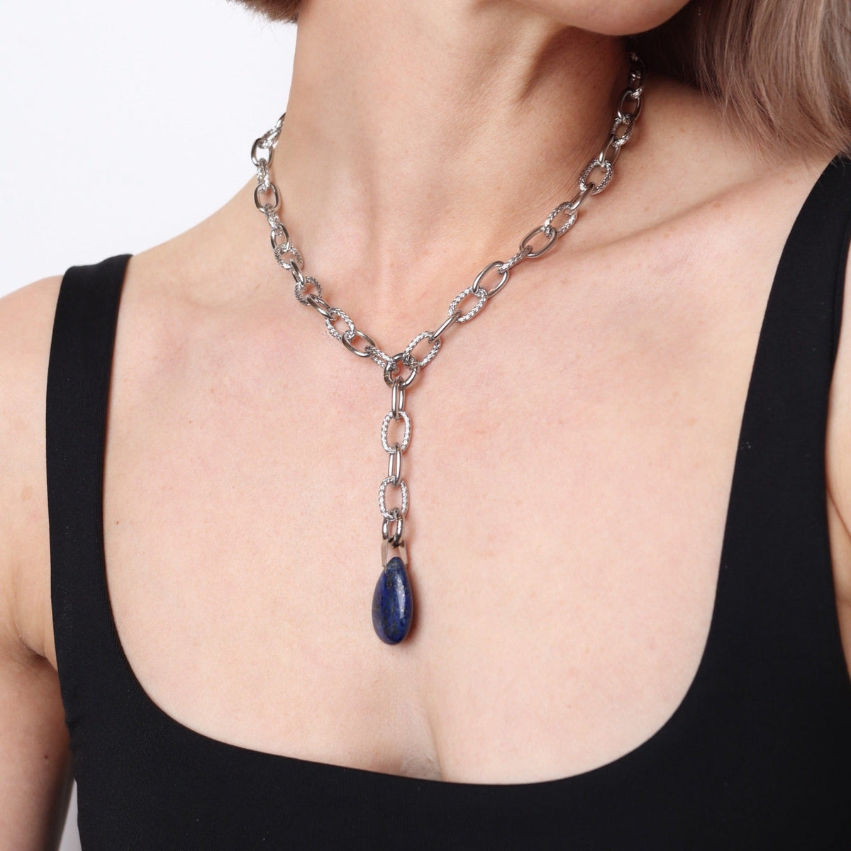 Collier argent femme avec pendentif pierre bleue et boucles assorties