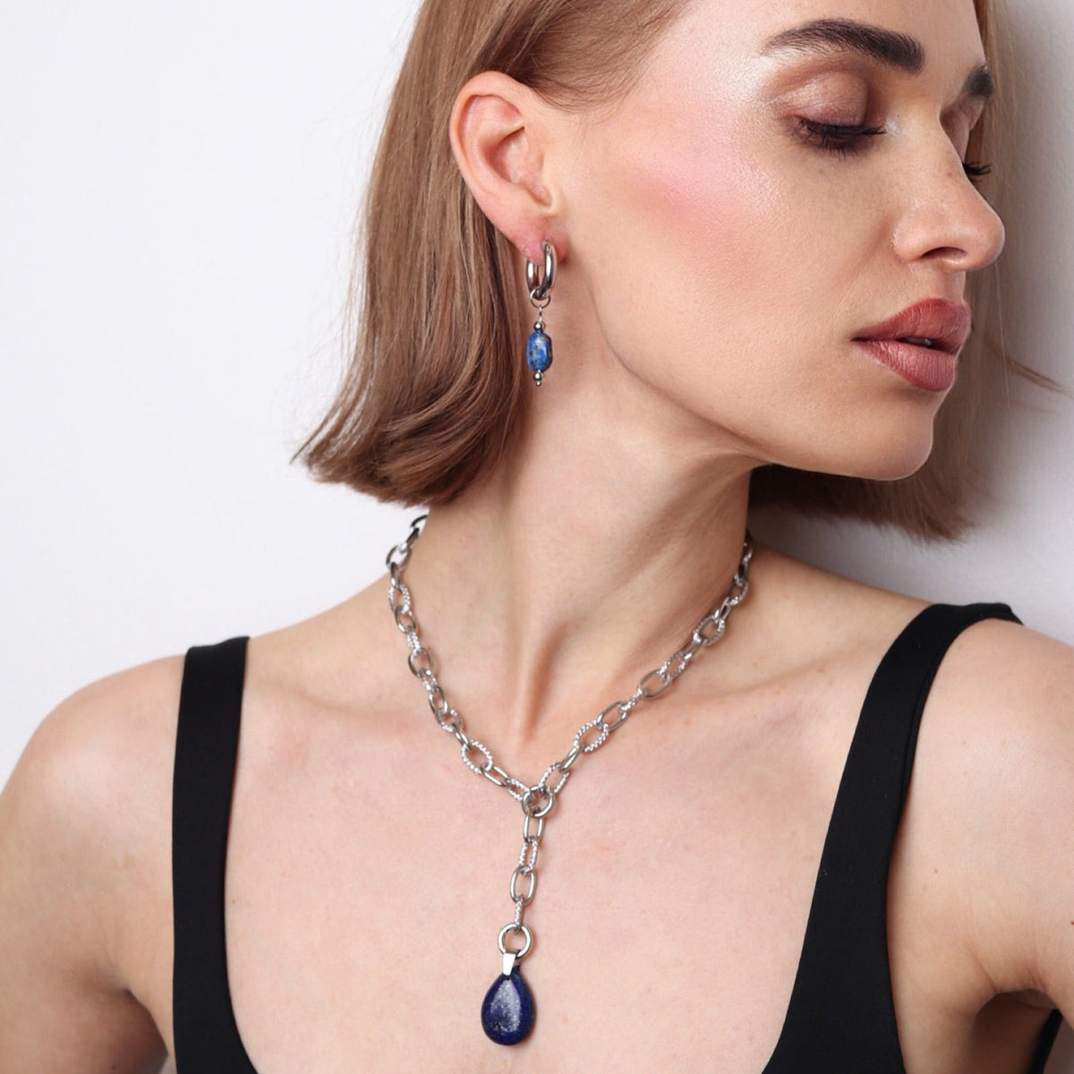 Bijou argent femme avec pendentif bleu et boucles assorties