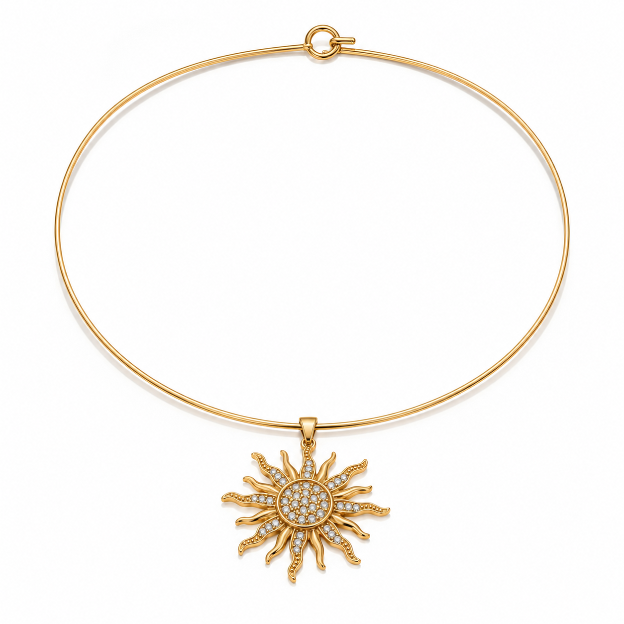 Collier choker rigide doré avec grand pendentif soleil brillant serti de strass