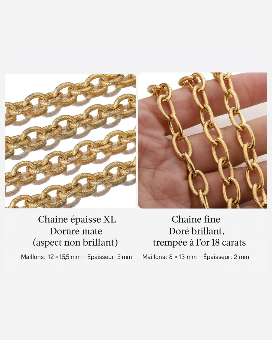 Les deux chaînes du collier Lydie : épaisse à effet torsadé dorure mate, et fine dorée
