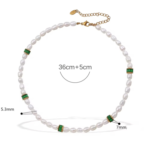 Collier perles naturelles et pierres de zirconium vertes L'or Didon