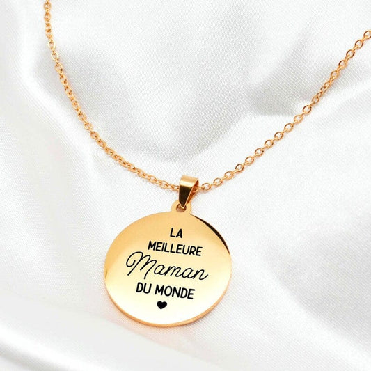 Collier personnalisé Déclaration doré, médaillon gravé La meilleure maman du monde