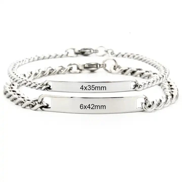 Gourmettes couple Le Duo couleur argentée, plaques de 4 x 35 mm et 6 x 42 mm