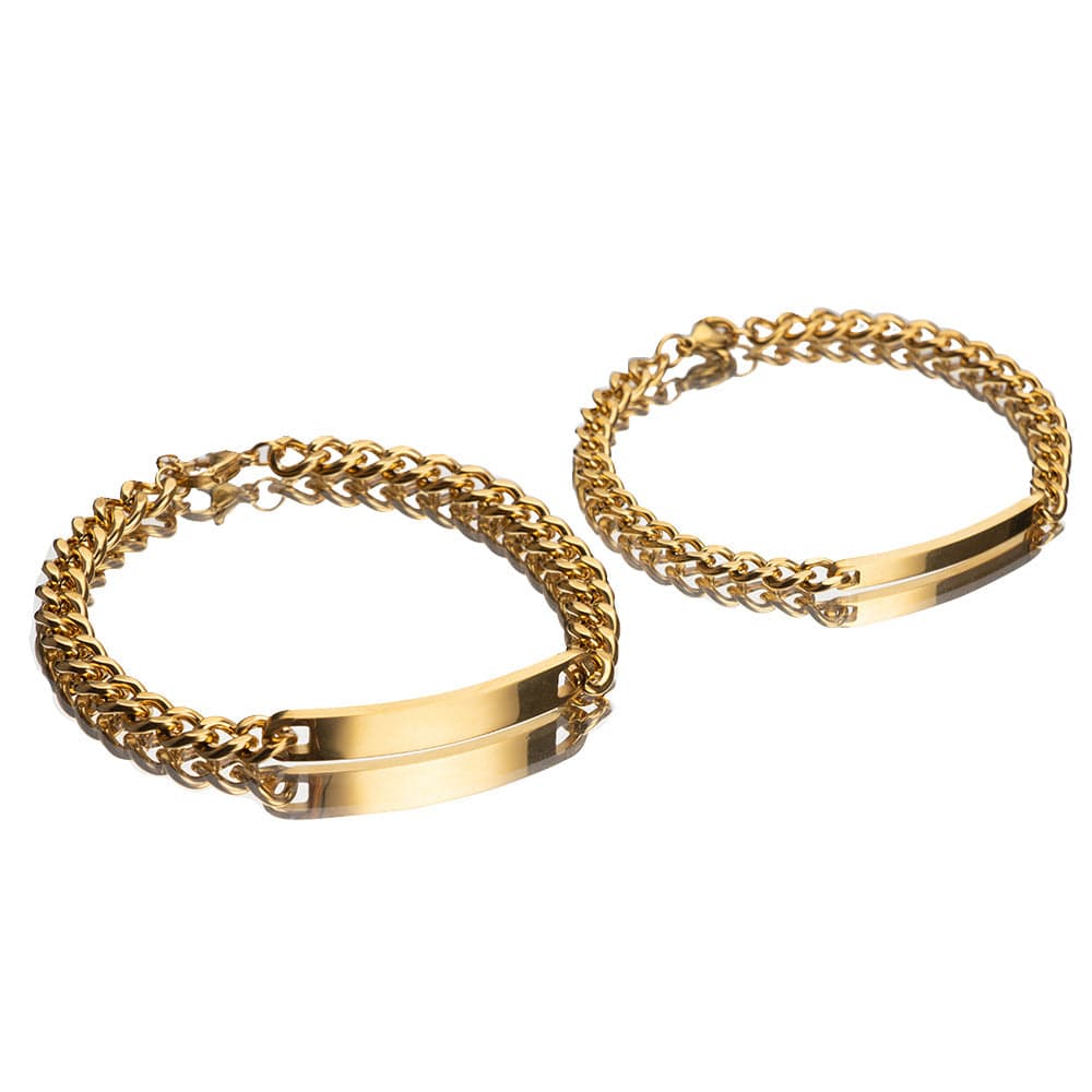 Gourmettes couple Le Duo dorées à l'or fin 18 carats, plaques lisses à graver