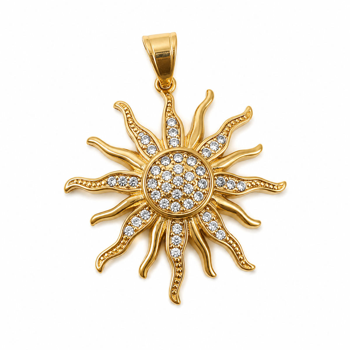 Pendentif soleil XL doré serti de zirconium, bijou interchangeable pour tour de cou.