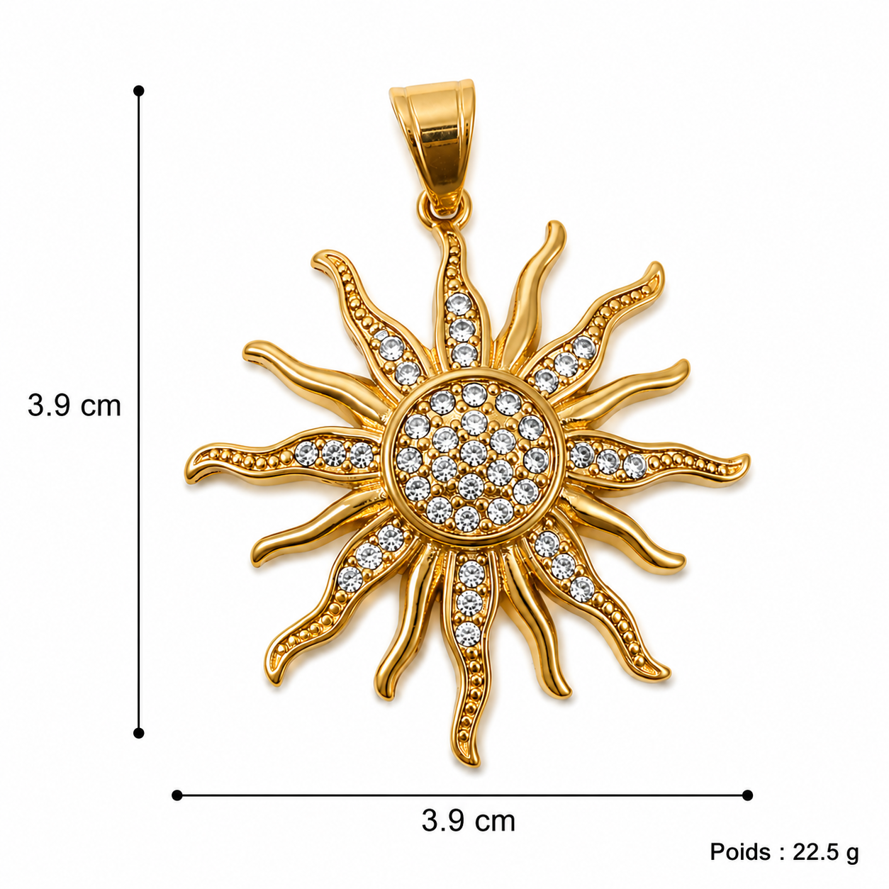 Pendentif soleil serti de strass blancs, dimensions 3,9 cm et poids 22,5 g